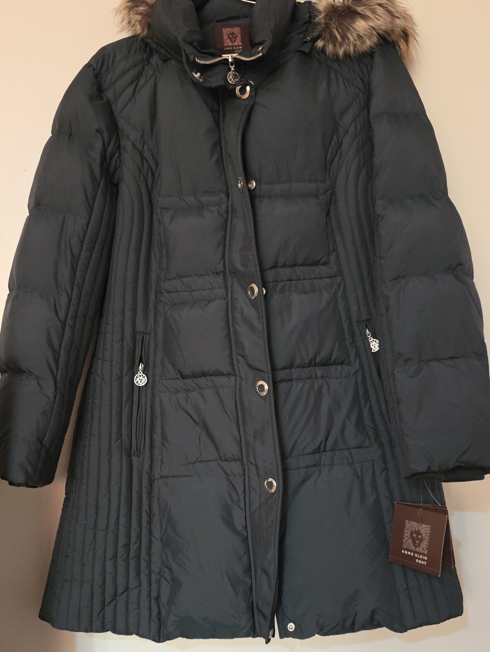 Anne Klein Black Quilted Down-Style Parka with Faux Fur Trim